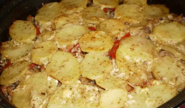 Ovenschotel met kip, aardappelen en bospaddenstoelen